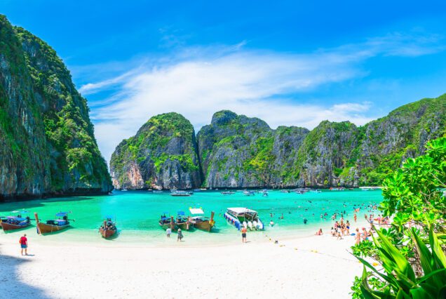 Panorama beautiful nature scenic landscape famous landmark beach Maya bay Krabi, Travel adventure Phuket Thailand, Tourism destination Asia plan, Popular travel place for summer holidays vacation trip