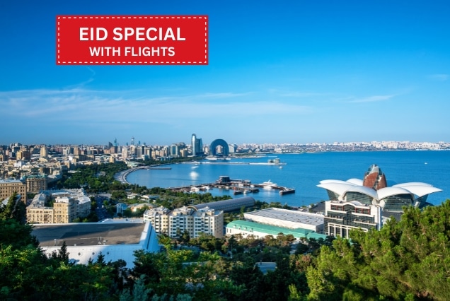 Panoramic view of Baku, Azerbaijan skyline featuring the Caspian Sea and Deniz Mall, promoting an Eid Special holiday package from Dubai including flights.