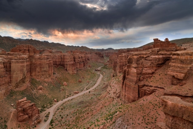 Dramatic aerial view of Charyn Canyon's Valley of Castles in Kazakhstan, part of a holiday package from Dubai, UAE.