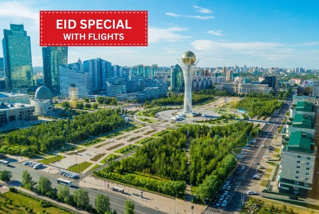 Aerial view of Bayterek Tower in Astana, Kazakhstan, for an Eid special holiday package from Dubai including flights.