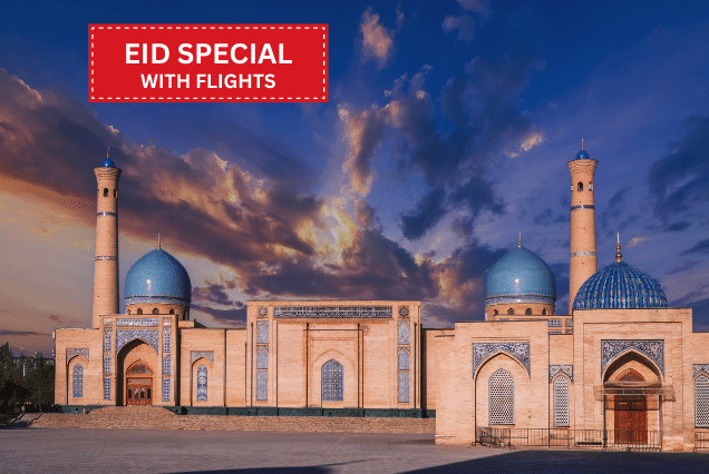 Hazrat Imam Complex Uzbekistan at sunset, Eid Al Adha 2026 holiday tour package from Dubai including flights.