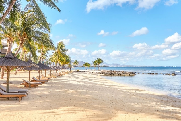 Luxury Mauritius beach resort with palm trees and turquoise water, tour from Dubai.