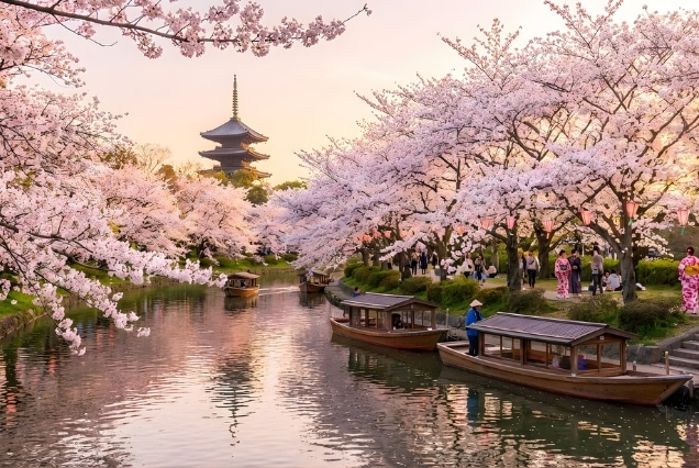 Cherry blossom trees in full bloom lining a scenic canal with traditional wooden boats in Kyoto, Japan, featuring the Toji Temple pagoda at sunset.