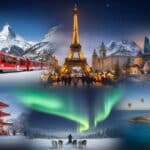 Collage of top 2026 winter travel destinations for UAE residents featuring the Eiffel Tower in Paris, Swiss Alps with a red mountain train, Japanese pagoda in snow, Northern Lights, and Baku Flame Towers.