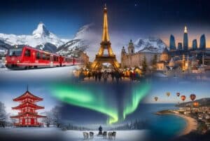 Collage of top 2026 winter travel destinations for UAE residents featuring the Eiffel Tower in Paris, Swiss Alps with a red mountain train, Japanese pagoda in snow, Northern Lights, and Baku Flame Towers.
