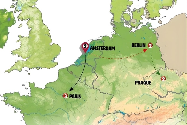 Europe travel map showing a tour route through Amsterdam, Paris, Berlin, and Prague with stay durations.