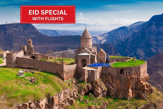 Tatev Monastery in Armenia cliffside view, Eid holiday package from Dubai with flights.