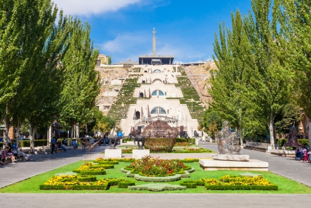 The Yerevan Cascade Complex in Armenia featuring limestone stairways and gardens, perfect for Dubai holiday tours.