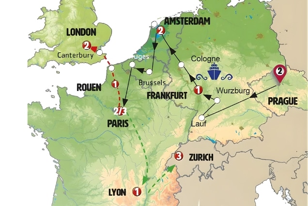 Map of European tour itinerary from Prague to Paris for Czech Republic tour packages from Dubai.
