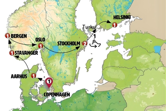 Travel map showing a tour route through Copenhagen, Aarhus, Stavanger, Bergen, Oslo, Stockholm, Turku, and Helsinki.