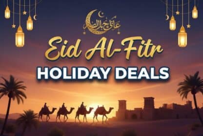Eid Al Fitr 2026 holiday deals featuring camels trekking across a desert sunset with traditional Arabic architecture in the background.