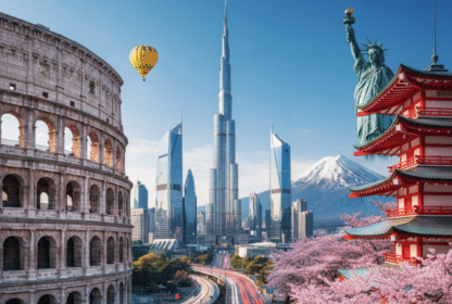 A collage of world-famous landmarks featuring the Burj Khalifa, Rome's Colosseum, the Statue of Liberty, and a Japanese pagoda with cherry blossoms and Mount Fuji, symbolizing travel packages from the UAE.
