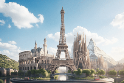 A daylight composite of global travel icons including the Burj Khalifa, Rome's Colosseum, the Statue of Liberty, and a picturesque Swiss Alpine village with a church and snow-capped mountains.