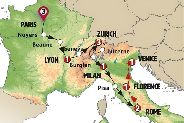 Map showing a travel itinerary through France, Switzerland, and Italy with stops in Paris, Lyon, Zurich, Milan, Rome, and Venice.