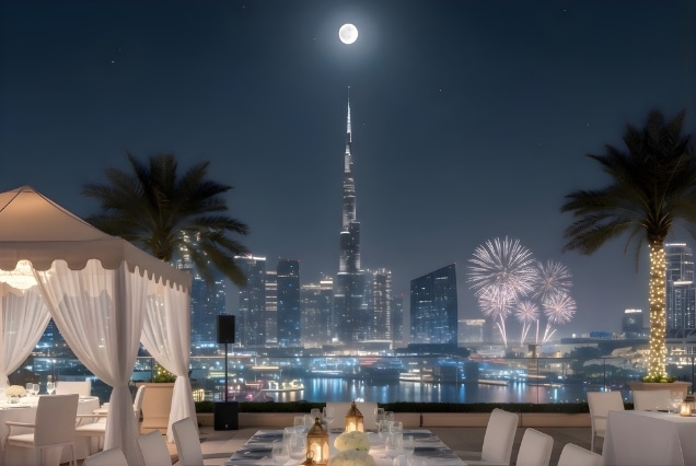 A luxury rooftop Iftar setup in Dubai featuring a white dining tent, glowing lanterns, and a view of the Burj Khalifa under a full moon with fireworks.