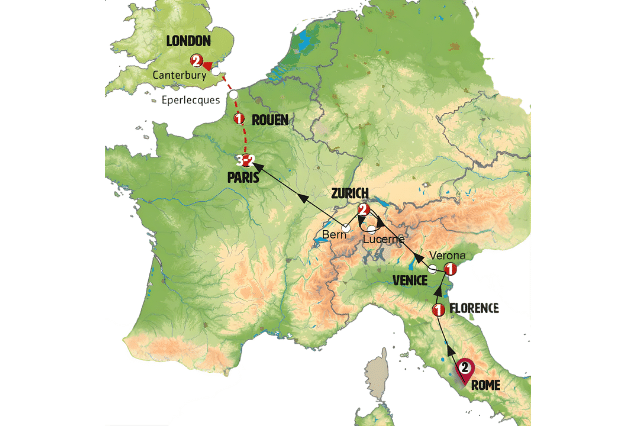 Route map illustrating the 10-day European tour itinerary, highlighting key stops in Rome, Florence, Venice, Zurich, Lucerne, and Paris.