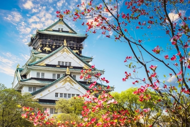 The multi-story Osaka Castle in Japan framed by pink cherry blossoms under a bright blue sky.