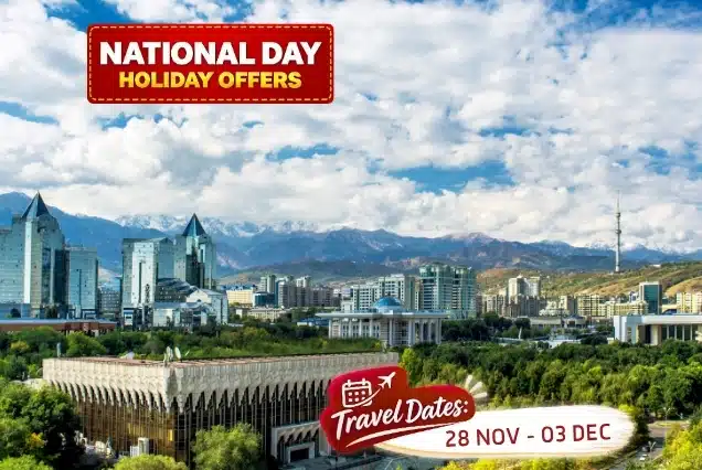 Kazakhstan Holiday Package - Almaty skyline with mountains for UAE National Day