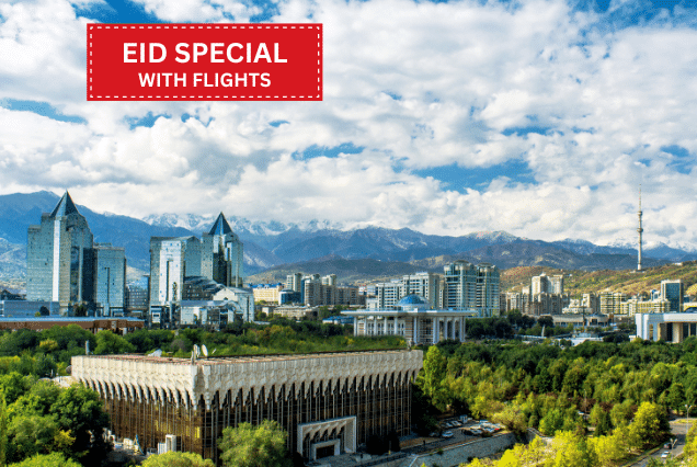 Almaty cityscape in Kazakhstan with mountains and a promotional badge reading Eid Special with Flights.