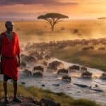 Maasai warrior overlooking wildebeest Great Migration river crossing in Maasai Mara, Kenya, at sunset.