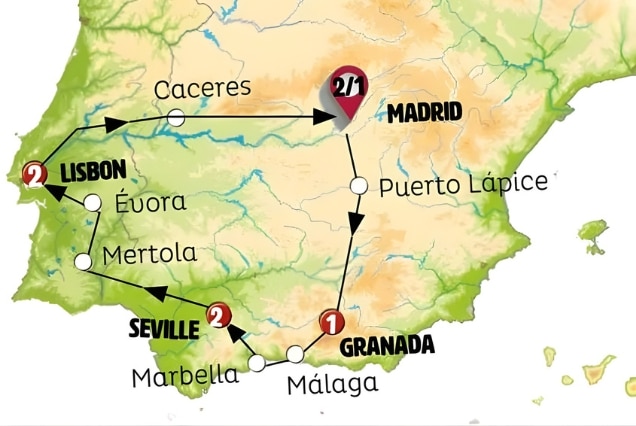 Itinerary map for a Spain and Portugal tour package from Dubai, showing a travel route through Madrid, Seville, Lisbon, and Granada.