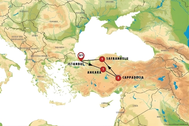 Map showing Turkey tour itinerary from Dubai including Istanbul, Safranbolu, Cappadocia, and Ankara route.