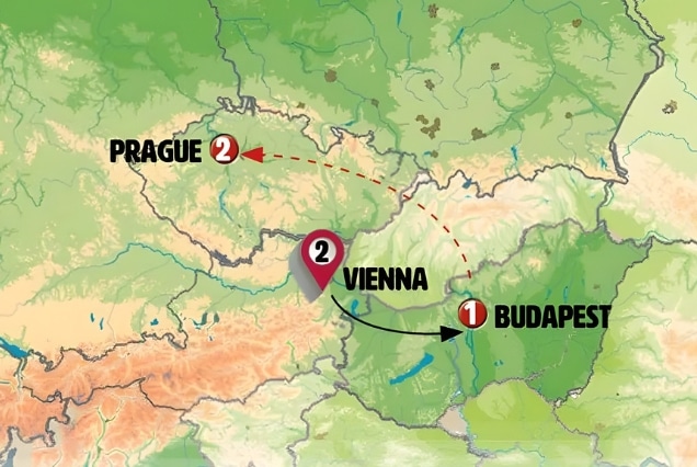 Illustrative travel map of Central Europe showing a tour route between Prague, Vienna, and Budapest.