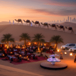 Dubai desert safari camp at sunset featuring a camel caravan, Tanoura dancer, and Burj Khalifa skyline in the UAE.