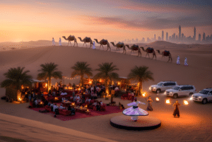 Dubai desert safari camp at sunset featuring a camel caravan, Tanoura dancer, and Burj Khalifa skyline in the UAE.