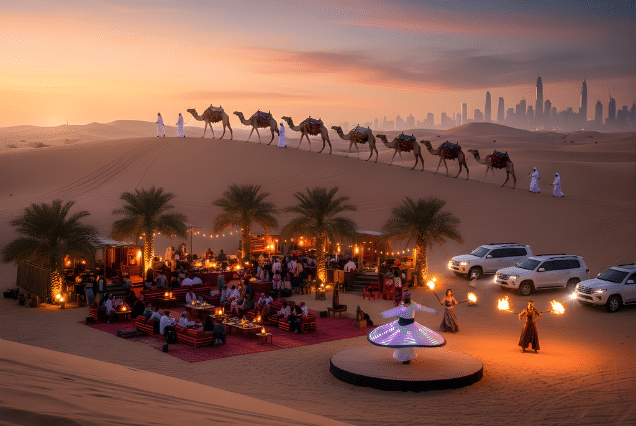 Dubai desert safari camp at sunset featuring a camel caravan, Tanoura dancer, and Burj Khalifa skyline in the UAE.