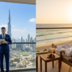 A businessman in a suit working on a tablet with the Dubai Burj Khalifa skyline, contrasted with a man relaxing on a beach balcony at sunset.