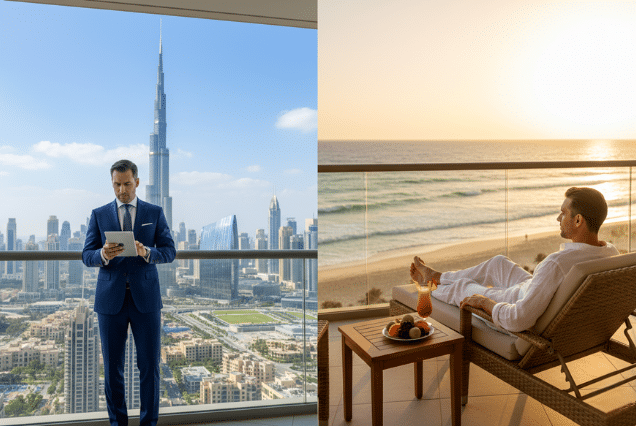 A businessman in a suit working on a tablet with the Dubai Burj Khalifa skyline, contrasted with a man relaxing on a beach balcony at sunset.