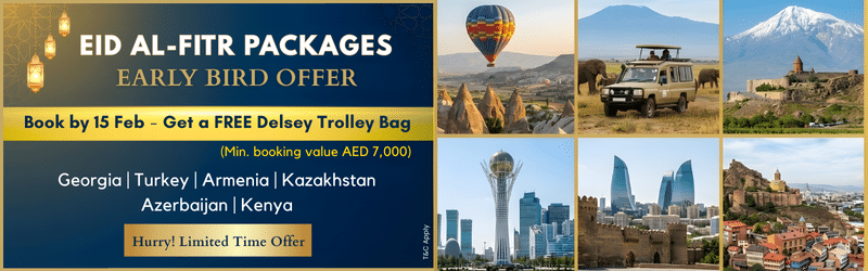 Eid Al-Fitr 2026 holiday packages banner featuring Kenya safari, Turkey hot air balloons, and Georgia landscapes. Early bird offer with free Delsey bag for bookings over AED 7,000.