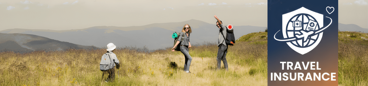 Family with a child hiking in scenic mountains with a Satguru Travel Dubai insurance shield icon overlay.