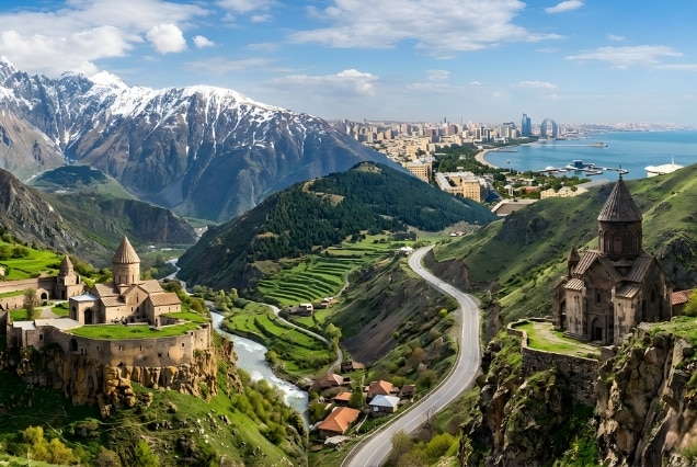 Panoramic view of the Caucasus region showing ancient Armenian monasteries, snowy Georgian mountain peaks, and the modern Baku skyline in Azerbaijan.