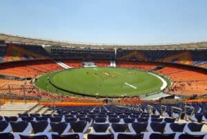 Wide-angle view of Narendra Modi Stadium in Ahmedabad, a key match venue for IPL 2026 India cricket travel packages.