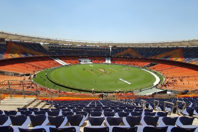 Wide-angle view of Narendra Modi Stadium in Ahmedabad, a key match venue for IPL 2026 India cricket travel packages.