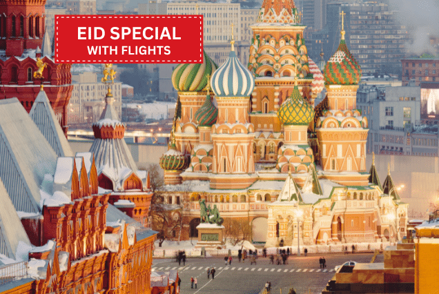 St. Basil's Cathedral Moscow in winter with text overlay: Eid Special with flights Russia holiday package from Dubai.