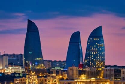 Azerbaijan holiday packages from Dubai — Baku Flame Towers at sunset, Satguru Travel UAE