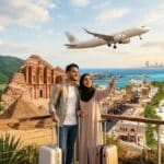 A couple with luggage pointing at a plane over Dubai, with short-haul destinations including Petra, Tbilisi, and the Maldives in the background