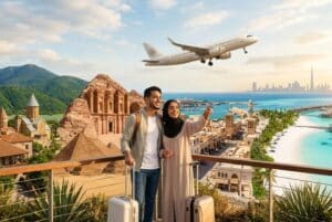 A couple with luggage pointing at a plane over Dubai, with short-haul destinations including Petra, Tbilisi, and the Maldives in the background