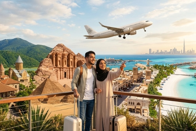 A couple with luggage pointing at a plane over Dubai, with short-haul destinations including Petra, Tbilisi, and the Maldives in the background