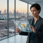 Female corporate travel manager using a holographic map tablet at an airport overlooking the Dubai skyline and tarmac.