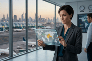 Female corporate travel manager using a holographic map tablet at an airport overlooking the Dubai skyline and tarmac.