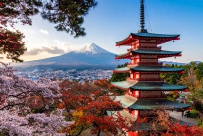Iconic Chureito Pagoda and Mount Fuji with cherry blossoms for Japan Holiday Packages from Dubai, UAE.