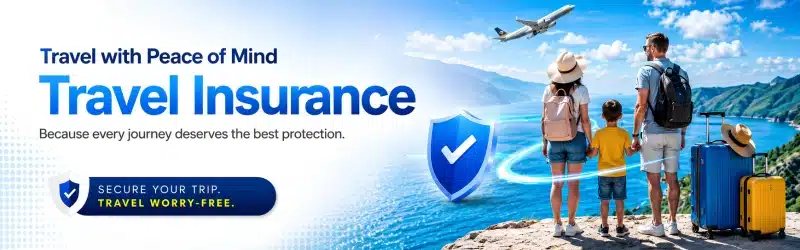 Satguru Travel insurance UAE banner showing a family with luggage looking at a coastline with a flying airplane.
