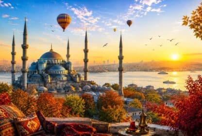 View of Istanbul's Blue Mosque at sunset, ideal for travelers booking Turkey holiday packages from Dubai, UAE.