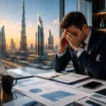 Stressed businessman in Dubai office reviewing charts, representing corporate travel mistakes UAE companies make in 2026.