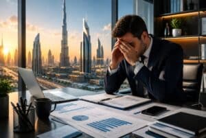 Stressed businessman in Dubai office reviewing charts, representing corporate travel mistakes UAE companies make in 2026.