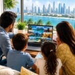 Family in Dubai apartment researching the best summer holidays from UAE 2026 on a laptop overlooking the marina skyline.